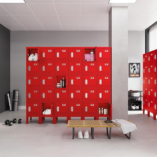 Metal Storage Locker with Lock & Card Slot Locker - Secure Lockable Door - Steel Locker for School, Office, Gym, Home - 66.15" H x 11.8" W x 11.8" D（5 Door, Red）