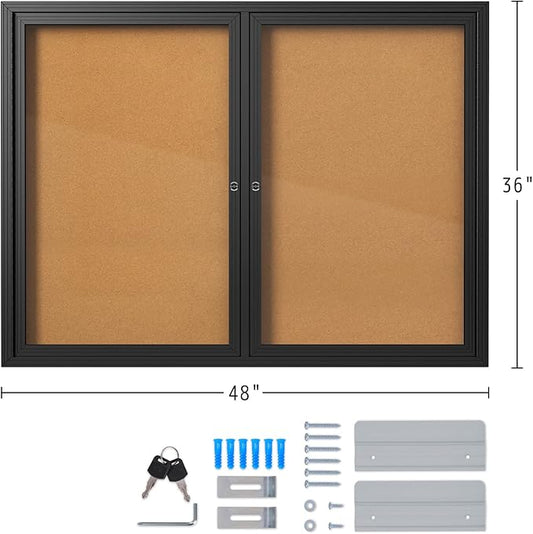 INNOVART Enclosed Bulletin Board 48”x36”, Lockable Cork Noticeboard with Black Aluminum Frame, Outdoor Enclosed Bulletin Board Weatherproof, Wall Display Case with Swing-Open Door Information Cabinet