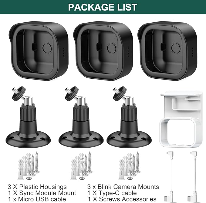 Blink Camera Mount for Outdoor 2K+, 3 Pack Protective Housing and 360° Adjustable Bracket, Snap-On Case for Easy Battery Change, Cable Management Blink Sync Module Mount(Black)