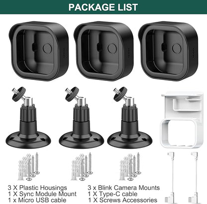 Blink Camera Mount for Outdoor 2K+, 3 Pack Protective Housing and 360° Adjustable Bracket, Snap-On Case for Easy Battery Change, Cable Management Blink Sync Module Mount(Black)