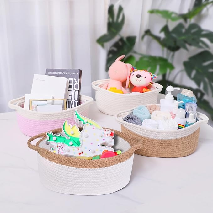 ABenkle Small Basket with Handles - Decorative Durable Rope Woven Storage Bin Shelf Storage Organizer Cube, Easter Baby Gift Basket, 12"x8"x5"