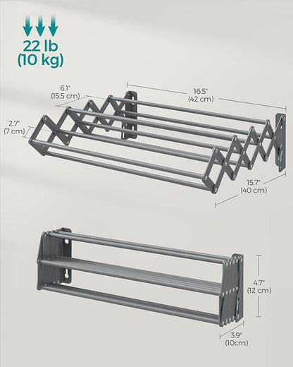 SONGMICS Clothes Drying Rack, Wall-Mounted Drying Rack Clothing, Small Accordion Laundry Rack, 9 Staggered Hanging Rods, Expandable and Retractable, Dove Gray ULLR802G01