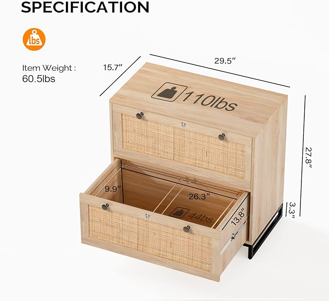 VINGLI Wood Rattan 2-Drawer Lateral File Cabinet with Lock for Home Office, Lockable Filing Cabinet with Rustic Metal Handles for Hanging Letter/A4/Legal Size Labeled Folders, Oak, 30W x 16D x 28H
