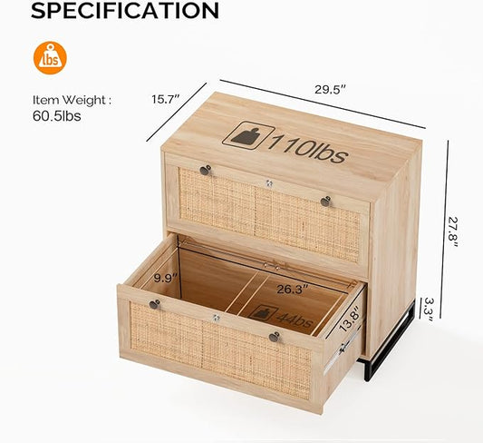 VINGLI Wood Rattan 2-Drawer Lateral File Cabinet with Lock for Home Office, Lockable Filing Cabinet with Rustic Metal Handles for Hanging Letter/A4/Legal Size Labeled Folders, Oak, 30W x 16D x 28H
