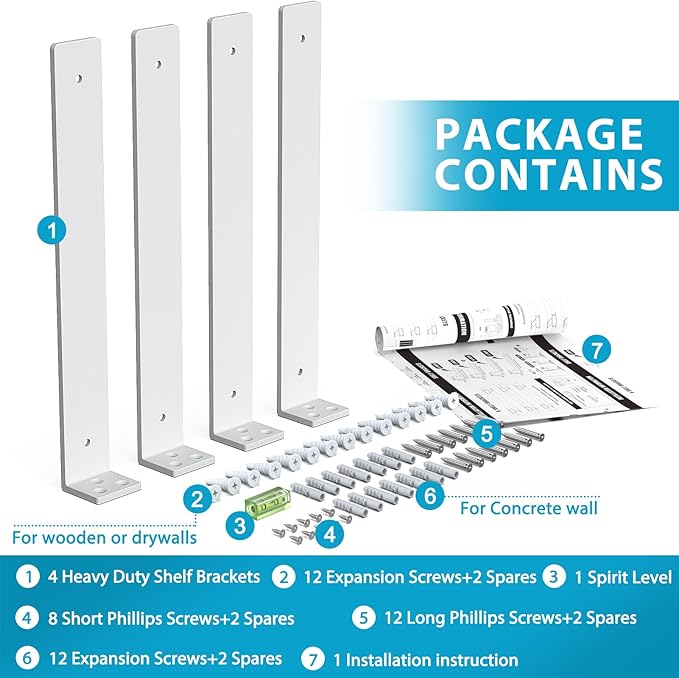 Goovilla Heavy Duty Floating Shelf Brackets 12 Inch for 2×4” Wood Stud, 4 Pack L Brackets for Shelves or Shelving, White Coated Metal Shelf Hardware with 160 lb. Load Capacity and Easy Installation