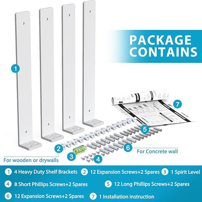 Goovilla Heavy Duty Floating Shelf Brackets 12 Inch for 2×4” Wood Stud, 4 Pack L Brackets for Shelves or Shelving, White Coated Metal Shelf Hardware with 160 lb. Load Capacity and Easy Installation