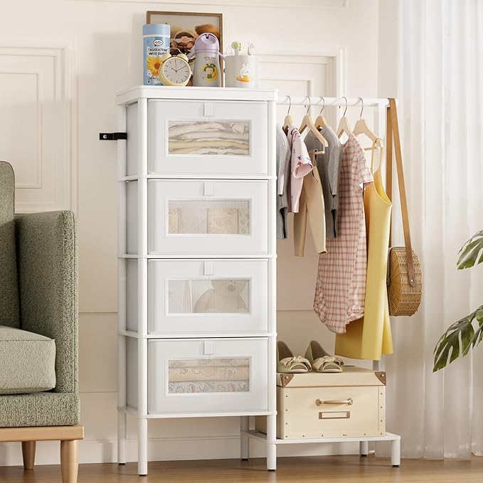 Bamboo Dresser with Hanging Rack, 4-Drawer Small Closet Organizer for Bedroom, Tall Storage Tower with Clothes Rack, Natural Wood 41.4"H x 31.3"W–Space-Saving Design, Easy Assembly （white）