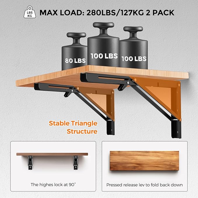 JOY DECOR 22 Inch Heavy Duty Folding Shelf Brackets, 4 Pack (2 Pairs) Collapsible Wall Mounted Brackets for Fold Down Table, Stainless Steel Folding Table Hinge, Matte Black