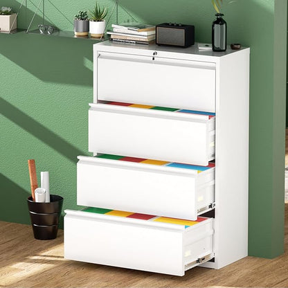 Greenvelly 4 Drawer File Cabinet, Lateral Filing Cabinet for Home Office, White Metal File Cabinet with Lock, Lockable Lateral File Cabinet with Hanging Files&Key for Letter/Legal/F4/A4