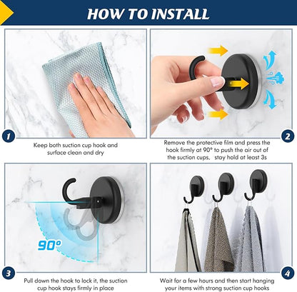 Suction Cup Hooks for Shower, Shower Hooks Mounting on Glass Doors, Tile, Mirrors, Metals,Hook for Hanging Towels, Robe, Loofah, Jackets-Black(4 Pack)