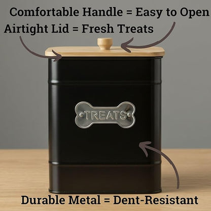 Dog Treat Container Airtight - 6 Inch Wide x 8 Inch Tall Iron Dog Treat Jar for Kitchen Counter with Airtight Bamboo Lid - 12 Cup Capacity Pet Treat Container - Doggie Cookie Jar - Big Treats Canister