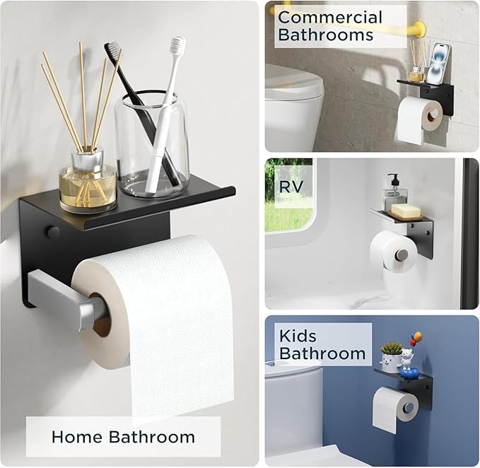 Toilet Paper Holder with Shelf, Adhesive or Screw Wall Mount Toilet Paper Roll Holder for Bathroom, Rustproof 304 Toilet Roll Tissue Holder Dispenser with Phone Shelf (1, Matte Black & Brushed Nickel)
