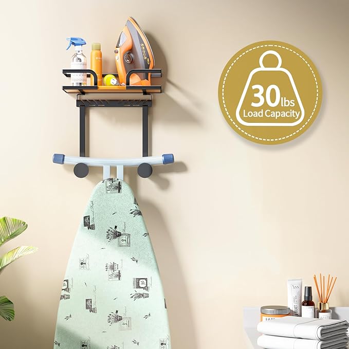 Ironing Board Hanger Wall Mount with Natural Wood-Texture Shelf, Adjustable Iron Board Holder for T & Y Leg Boards, Heavy Duty Laundry Room Organization and Storage Rack, Black