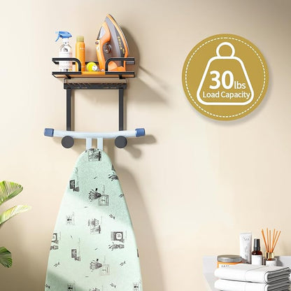 Ironing Board Hanger Wall Mount with Natural Wood-Texture Shelf, Adjustable Iron Board Holder for T & Y Leg Boards, Heavy Duty Laundry Room Organization and Storage Rack, Black