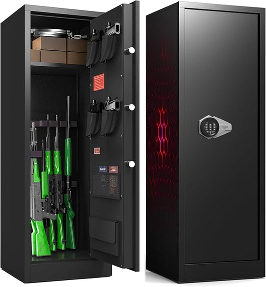 Marcree 8-10 Gun Safe for Rifles & Pistols, Quick Access Rifle Safe with Dual Alarm, Mute Mode, Adjustable Shelves & Pistol Pockets, Gun Cabinet for Shotguns