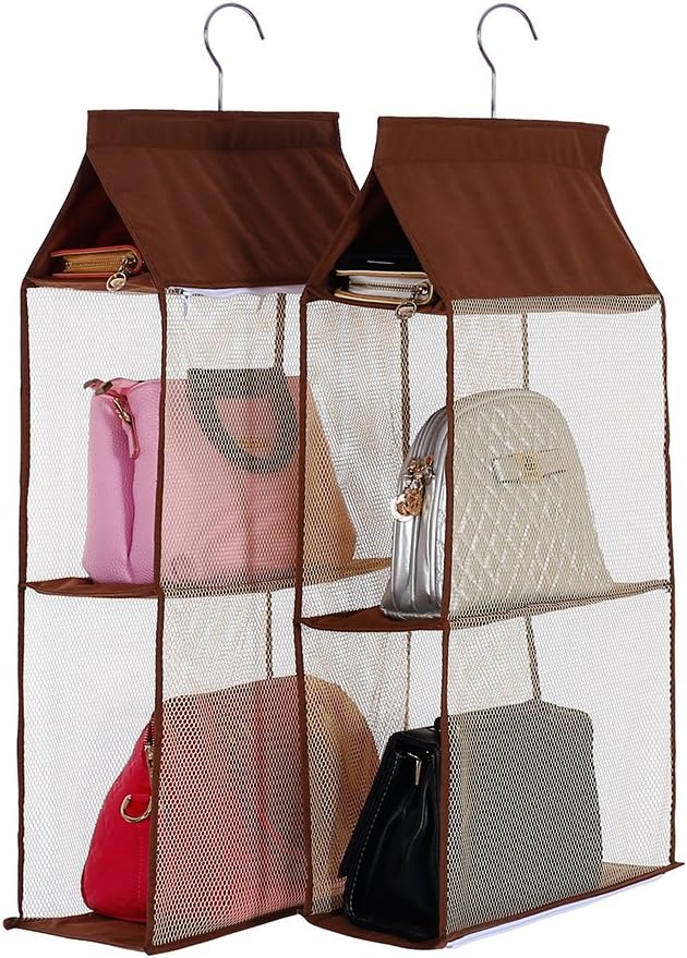 Detachable 4 Compartment Organizer Pouch Hanging Handbag Organizer Clear Purse Bag Collection Storage Holder Wardrobe Closet Space Saving Organizers System for Living Room Home Use (Pink)