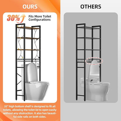 Over-The-Toilet Storage Rack, 4-Tier Bathroom Organizer Shelf Over Toilet with Adjustable Shelf and Basket, Freestanding Space Saver Bathroom Shelves Above Toilet for Room (Rustic Brown)
