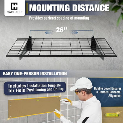 Fencer Wall Mounted Garage Shelving - 72" W x 18" D, 4 Hooks, Black, Heavy Duty, 1000lb Capacity