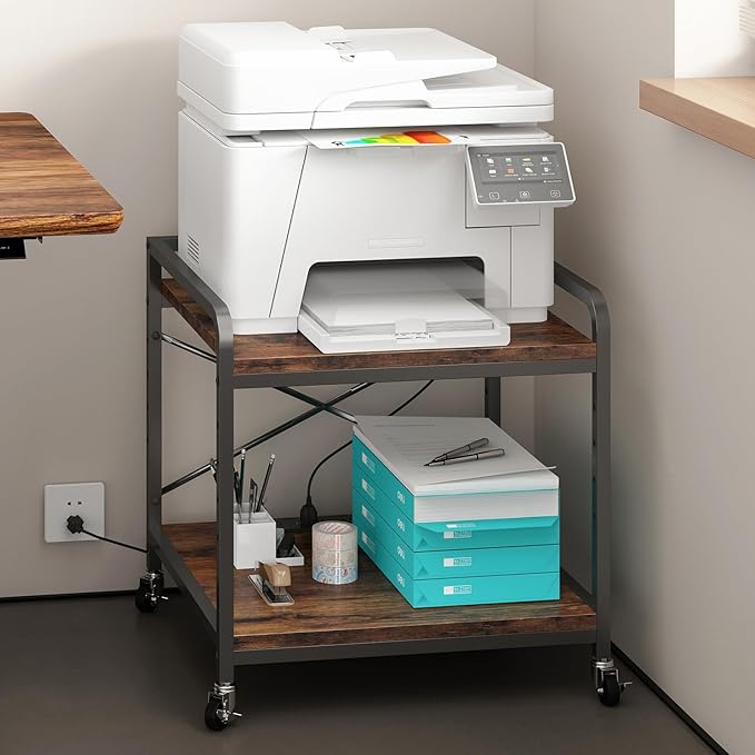 Under Desk Printer Stand with Power Outlet Large Printer Table with Adjustable Shelf,Industrial Wheels, 20 Inches Deep 2 Tier Rolling Printer Cart for Home Office, Rustic Brown