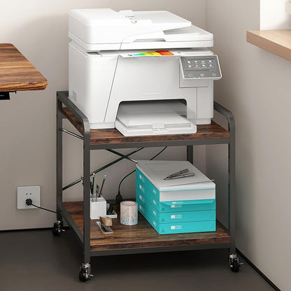 Under Desk Printer Stand with Power Outlet Large Printer Table with Adjustable Shelf,Industrial Wheels, 20 Inches Deep 2 Tier Rolling Printer Cart for Home Office, Rustic Brown