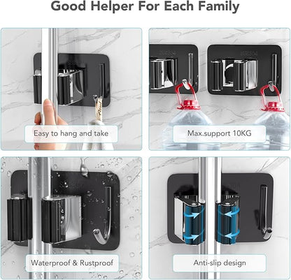 Mop Broom Holder No Drill, Mop Broom Organizer Wall Mounted Heavy Duty with Hooks Hanger, Self Adhesive Stainless Steel 4Pcs for Bathroom, Kitchen, Office (Multicolor)