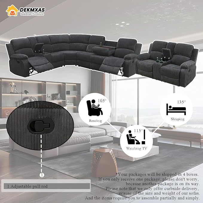 Manual Reclining Sectional Sofa with Drop-Down Table, Living Room Furniture Sets, Recliner Sectional Sofa Set Grey Corduroy with 4 Recliner Seats,Cup Holders,Storage Console for Living Room