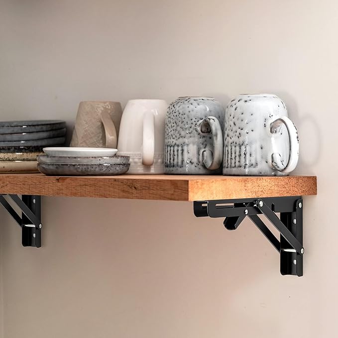 Ravinte 4 Pack 12 Inch Folding Shelf Brackets – Matte Black, Heavy Duty Collapsible Brackets for Tables and Benches – Space-Saving Design