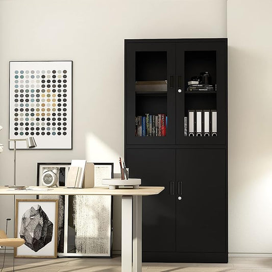 Letaya Storage Cabinet with Doors and Shelves,71" Steel Locker Acrylic Glass Door with Lock, for School Home Office