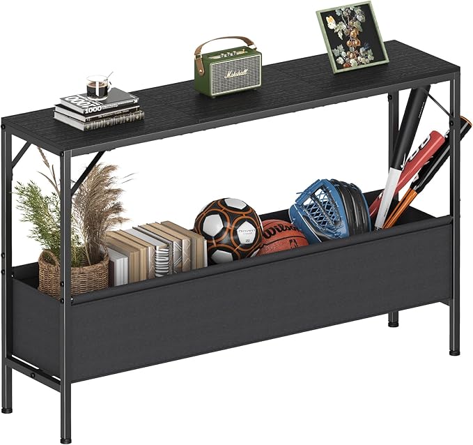 47.2'' Console Table, 9.5" D Entryway Table with Storage Basket, Narrow Sofa Table, Behind Couch Table for Hallway, Foyer, Corridor, Living Room, Black