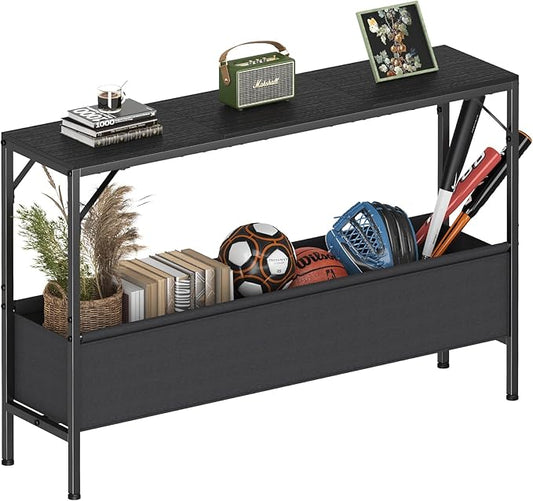 47.2'' Console Table, 9.5" D Entryway Table with Storage Basket, Narrow Sofa Table, Behind Couch Table for Hallway, Foyer, Corridor, Living Room, Black