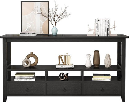 VINGLI 58" Console Table, Long Entryway Table with 3 Drawers & 2 Storage Shelves, Vintage Sofa Table Behind Couch, TV Stands for Living Room, Entryway, Hallway, Foyer, Office, Black