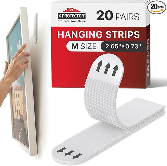 X-Protector Picture Hanging Strips - 20 Pairs Damage Free Picture Hangers - Self Adhesive Hangers Without Nails - Heavy Duty Wall Hanging Strips - Wall Sticky for Hanging Up to 15 LBS (Size M)