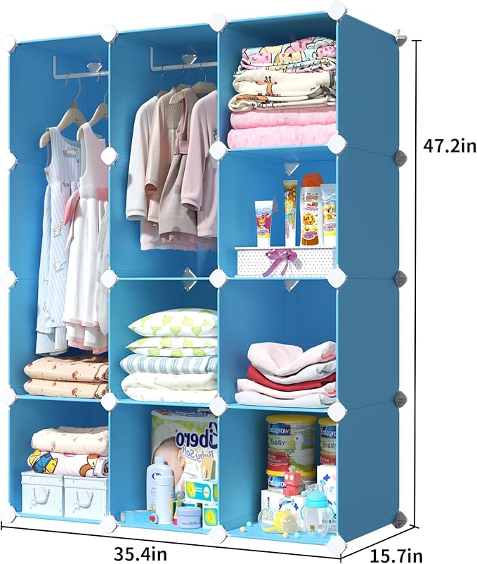 VIPZONE Baby Dresser, Kids Closet Organizers, Portable Kids Wardrobe for Closet, Bedroom, Nursery, Cubby, Cabinet, Clothes, Dress, Baby Storage Shelf, Armoire Clothes Hanging (Blue)