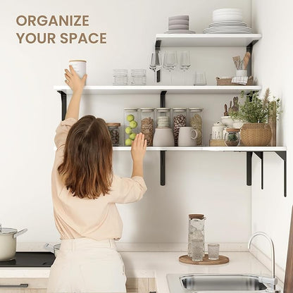 Fun Memories Floating Shelves for Wall, 12 Inch Deep Floating Shelves Set of 2, Wall Mounted Shelf with Metal Brackets, Rustic Wood Wide Shelf for Bathroom, Kitchen and Living Room, White, 16W x 12D