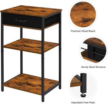 BTY Printer Stand with Storage 3 Tier Home Printer Table with Drawers Multifunctional Under Desk Printer Shelf Holder Industrial End Table Nightstand for Fax Machine Scanner Files Brown