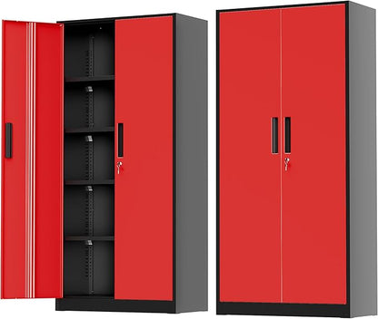 Greenvelly Metal Storage Cabinet with Doors and Shelves, 72" Inch Locking Metal Cabinet,Garage Storage Cabinet for Garage Office School Warehouse (Black Red)