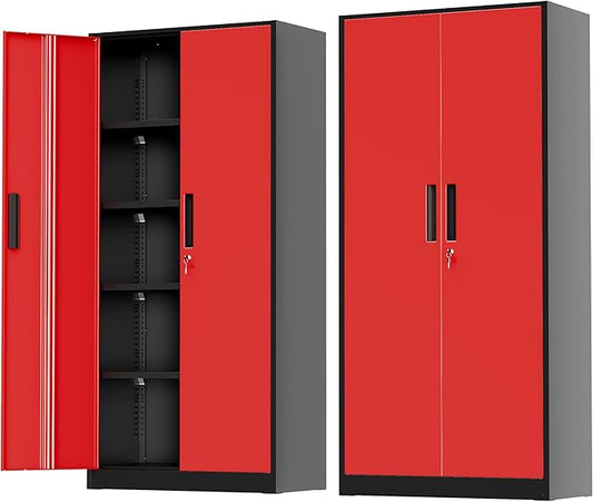 Greenvelly Metal Storage Cabinet with Doors and Shelves, 72" Inch Locking Metal Cabinet,Garage Storage Cabinet for Garage Office School Warehouse (Black Red)