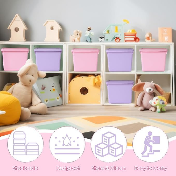 6 Pack Cute Plastic Storage Bins with Lids Decorative Stackable Storage Boxes 9.8" ×7.3" ×5.7" Small Storing Totes for Organizing Craft Office Supplies (Pink,Purple)