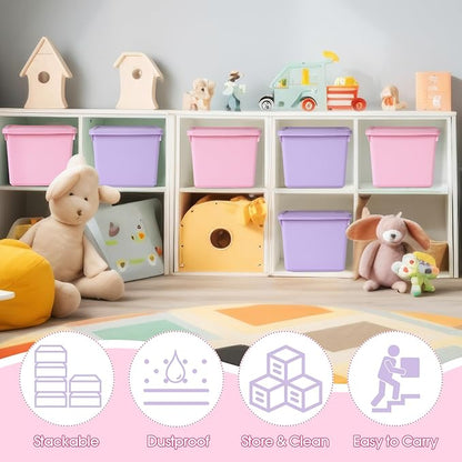 6 Pack Cute Plastic Storage Bins with Lids Decorative Stackable Storage Boxes 9.8" ×7.3" ×5.7" Small Storing Totes for Organizing Craft Office Supplies (Pink,Purple)