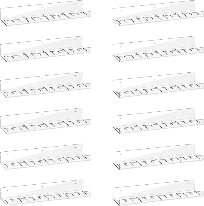 12 Pack Floating Shelves - Clear Acrylic/PET Wall Mounted Non-Drilling Storage Rack with Adhesive, Invisible Bathroom and Bedroom Shelves for Kitchen, Living Room, Clear Decoration