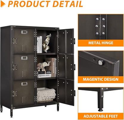 Metal Locker Storage Cabinet, 47.3" Employees Locker with 6 Doors, Steel Retro Wardrobe with Adjustable Feet for Home, Office, Gym, School