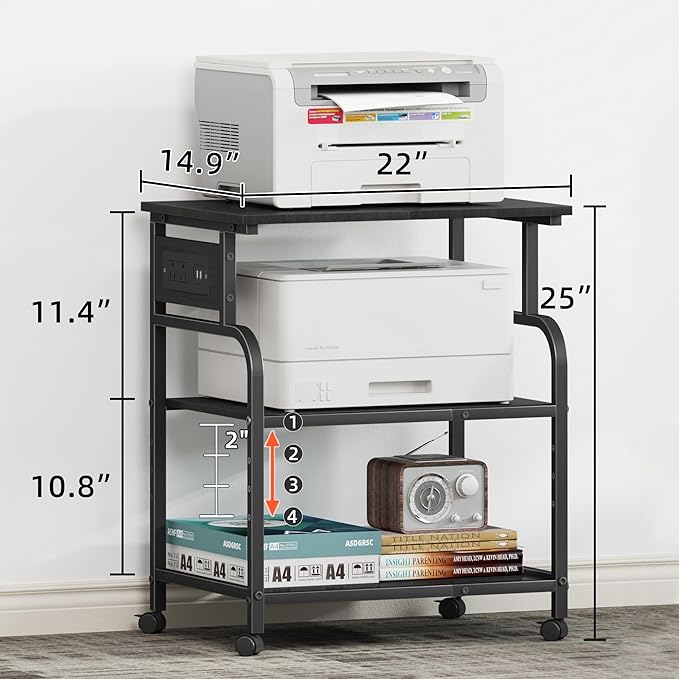 YAOHUOO 3 Tier Large Printer Stand with Power Outlet/Adjustable Storage Shelf, Rolling Cart with Wheels, Printer Table for Home Office 3D Printer/Heat Press/Laster, 22"×15" Black