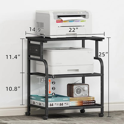 YAOHUOO 3 Tier Large Printer Stand with Power Outlet/Adjustable Storage Shelf, Rolling Cart with Wheels, Printer Table for Home Office 3D Printer/Heat Press/Laster, 22"×15" Black