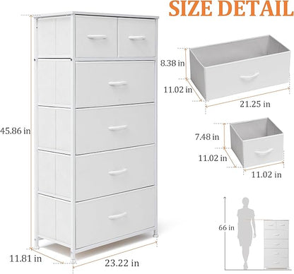 Fabric Dresser for Bedroom, Tall Skinny Dresser with 6 Drawers, Storage Organizer Tower, Steel Frame Wooden Top for Closet, Living Room, Hallway(White)