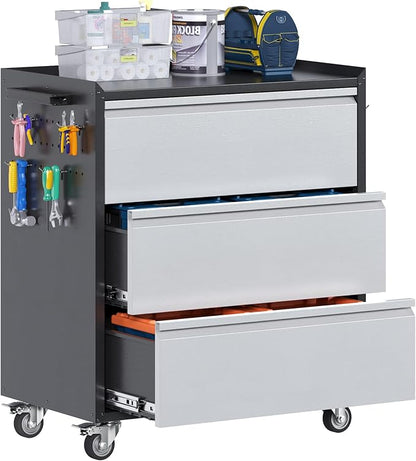 3 Drawers Garage Storage Cabinet with Wheels,35" H Metal Storage Cabinets for Garage, Home, Assembly Required,Black&Silver