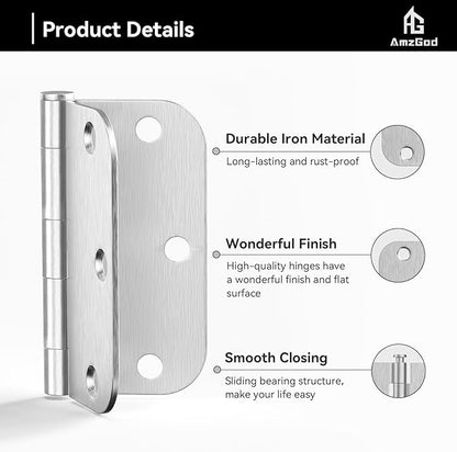 Door Hinges Brushed Nickel - 18 Pack Nickel Door Hinges 3.5 Inch Rounded Interior Satin Nickel Door Hinge with 5/8" Radius - Flat Iron Residential Standard 3 1/2 Inches Silver Door Hardware