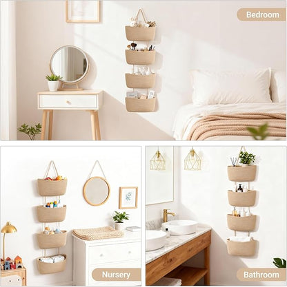 Dahey Over The Door Hanging Basket 4-Tier Woven Boho Wall Mounted Storage Organizer with Hooks for Bedroom Nursery Bathroom Apartments Dorm Pantry Decor, Jute