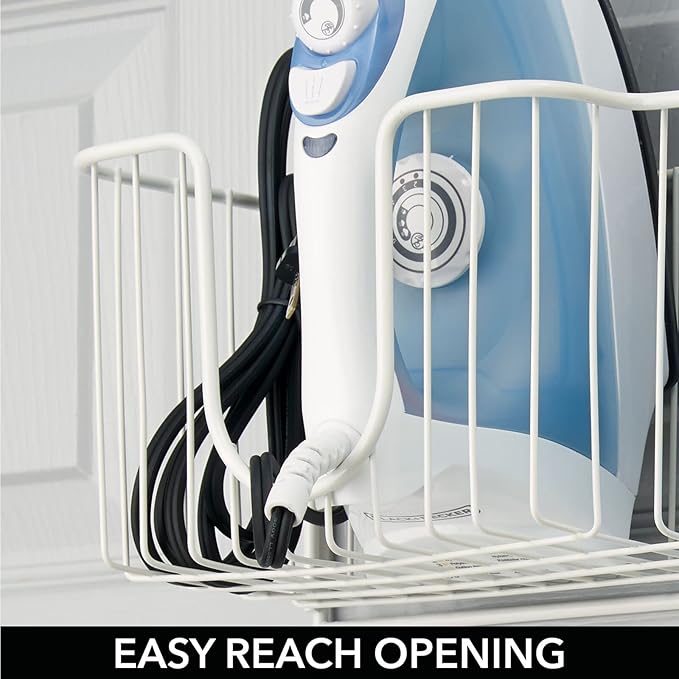 mDesign Wall Mounted Ironing Board Holder - Steel Ironing Board Rack for Easy Organisation - Includes Basket for Iron Storage - White