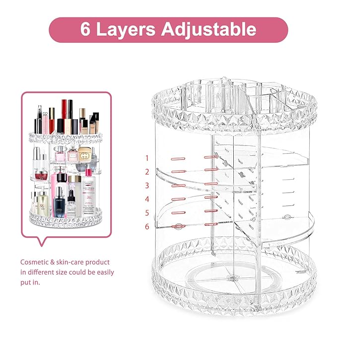 V-HANVER 360 Rotating Makeup Organizer Perfume Organizer Clear Cosmetic Storage Display Case Large Capacity Acrylic Beauty Holder Adjustable Partition Height for Bedroom Dresser or Bathroom Vanity