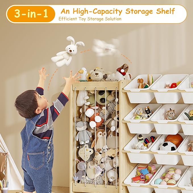 Large Toy Storage Organizer, Wooden Stuffed Animal Storage & 12-Bins Toy Organizer, Double-Sided Plush Toy Holder Featuring Thicker Ropes, Space Save Playroom Nursery Bedroom Storage, White